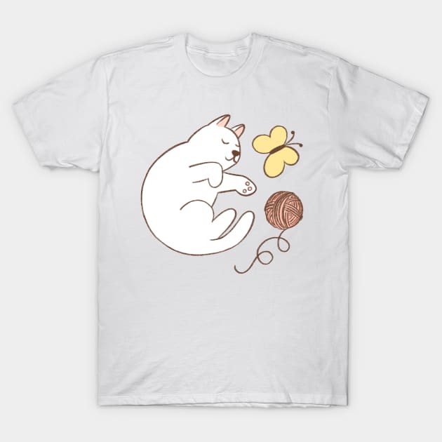 Cute white cat with ball of thread and butterfly T-Shirt by Viaire